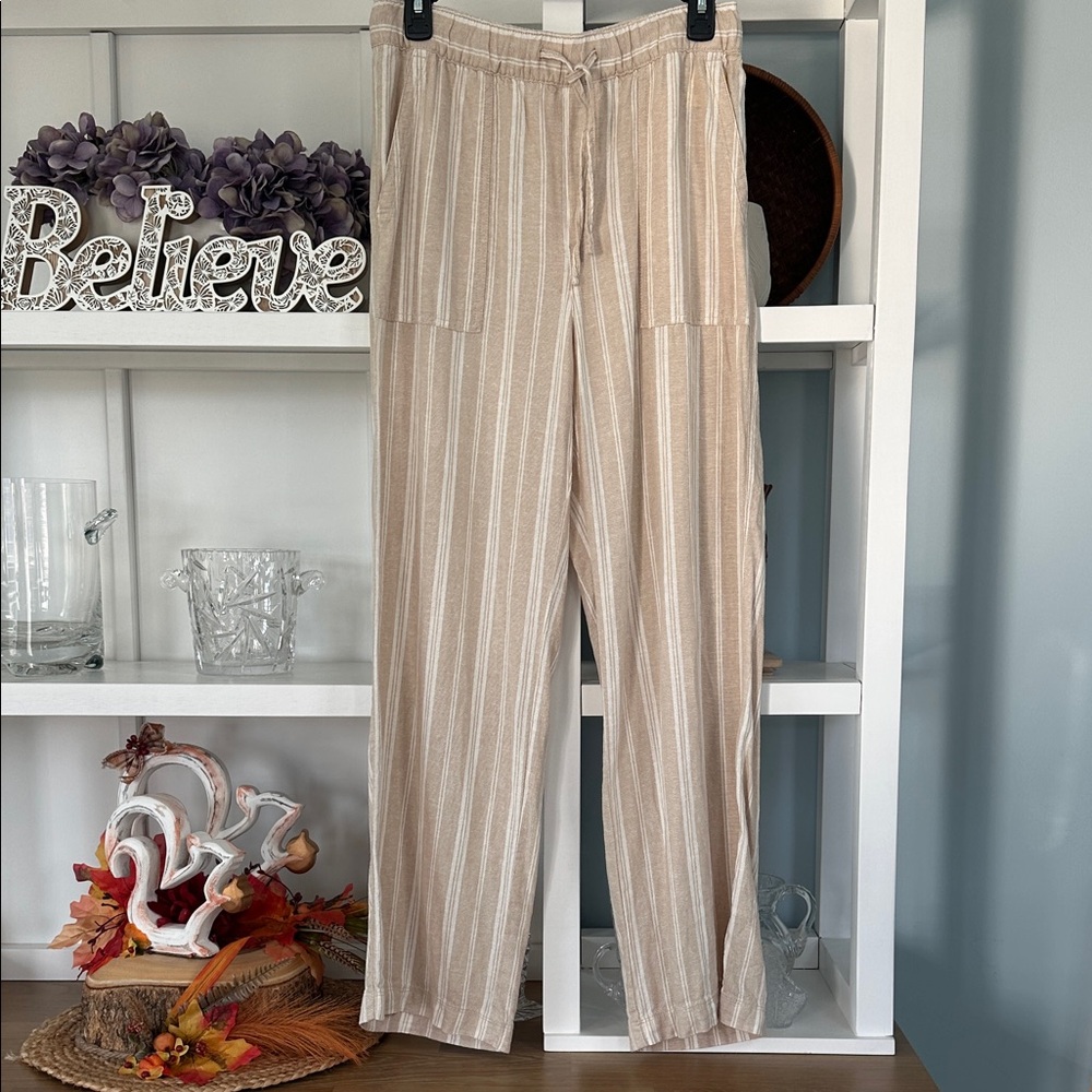 GAP Beige Striped Wide Leg Linen Pants